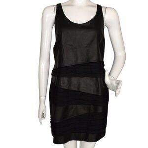 RAG & BONE Dress, 10, Black, Leather & Chiffon, Short, Scoop neck,Tiered overlay